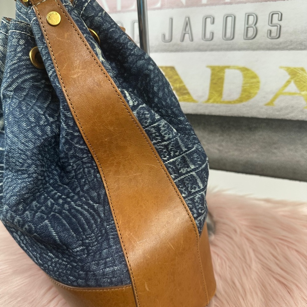 Brahmin Marlowe Blue Denim-Patterned Drawstring bucket Bag - Picture 5 of 10